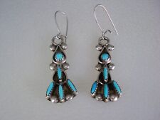 OLD ZUNI STERLING SILVER & SNAKE-EYE NEEDLEPOINT TURQUOISE DANGLE EARRINGS picture