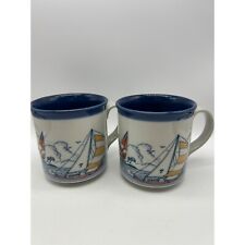 Vintage Racing Sailboats Embossed Coffee Mugs Set of 2 Ceramic Stoneware picture