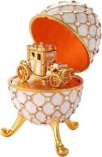 Bejeweled White Faberge Egg Hinged Metal Enameled Crystal Trinket box Mini Royal picture
