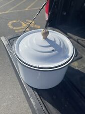 Vintage Enamelware Stock Pot with Lid White With Black Trim Double Handle picture