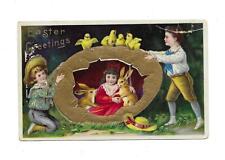 BUNNIES, GIRL HATCH From HUGE EGG, CHILDREN, CHICKS Vintage 1913 EASTER Postcard picture