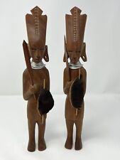 Vintage Wood Carved African Folk Tribal Male & Female Warrior W/Metal Neck Rings picture
