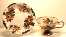 Vintage Japan GORGEOUS ROSES Footed TEA CUP & SAUCER Set Gold Gilt Lusterware picture