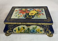 Vtg West German Fricke and Nacke Tin Box Hinged Lid Blue Gold Footed 7.5