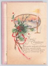 Holiday~Christmas~Sunset Winter View~Candle~Holly~c1910 Postcard picture