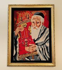 Vintage Framed Judaica Rabbi Needlepoint Art Handmade Crewel Jewish Zz100 picture