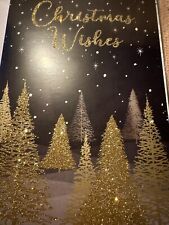 Vtg Unused Christmas Card Glitter Gold Trees Woods Night AG W/Env picture