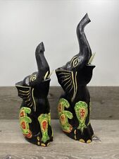 Set of 2 Wooden Handcrafted Trunk Up Asian Elephant Figurines 19” Indonesia picture