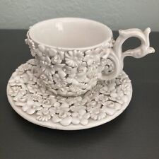 Ardalt Fiori Bianco Porcelain Cup & Saucer Italy Creamware Applied Flowers VTG picture