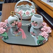 Vintage Porcelain Rose floral mirrored vanity tray 13