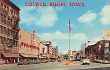 Council Bluffs Iowa, Broadway Street, Old Cars, Shops, Signs, Vintage Postcard picture