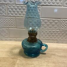 Vintage Mini Aqua Blue Glass Oil Lamp Ruffled Chimney Fruit 7.5” - Hong Kong. picture