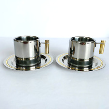 2 Meber Stainless Steel Insulated Espresso Cup & Saucer Sets 18/10 Italy 24k picture