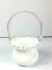 Fenton Vintage Glass White Basket Ruffled Edge Silver Crest 6.5