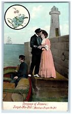 Language Of Flowers Romance Postcard Couple Kissing Forgot Me Not c1905 Antique picture