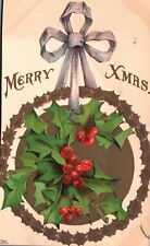 Vintage Postcard 1905 Merry Christmas Purple Ribbon Green Leaves Wreath Greeting picture