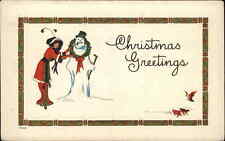 Christmas Pretty Woman Snowman Birds Embossed Bergman c1910s Postcard picture