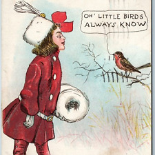 c1910s Raphael Tuck Cute Valentine Art Little Birds Always Know Poem Girl A196 picture