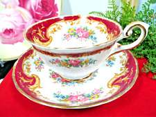 TUSCAN tea cup and saucer  Red band pink rose FLORAL  England teacup picture