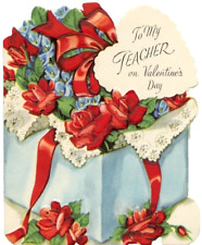 Vtg Valentine Card To My Teacher Die Cut Present Box Flowers Ribbon 1930s picture