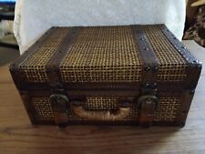 Vintage Style Brown Rattan Wood Storage Box Snap Close Handle Rustic picture