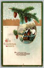 1912 Vintage Best Christmas Wishes Postcard - Garland Winter House Scene picture