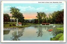 Muscatine Iowa~Weed Park Duck Pond~Swans Swimming~Foot Bridge~1930 Linen PC picture
