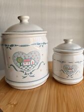 Vintage Heart Ribbons Stoneware Kitchen Flour sugar Canisters Set Country Home picture
