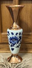 Vintage Handpainted Delftware Ceramic With Brass Accents Vase Holland 10.75