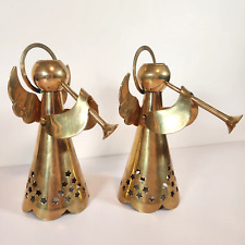 Pair of Solid Brass Taper Candle Holders Angel Playing Horn Christmas Decor Vtg picture