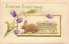 Embossed Airbrush Easter Postcard Rabbit pulls Tiny Cart w Eggs, Purple Tulips picture