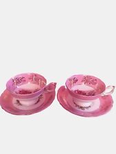 2 Vintage Royal Halsey Pink Iridescent Teacups And Saucers picture
