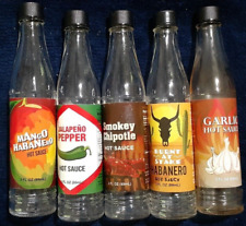 5 Empty Glass Hot Sauce Bottles Mango Habanero, Smokey Chipotle, Garlic,Jalapeno picture