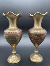 VTG-Pair-Mini Vases-Solid Brass Ruffled Hand Engraved Enameled British Raj India picture