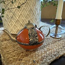 Vintage Moroccan Burnt Sienna Enamel Ornate Brass Overlay Decorative Teapot picture