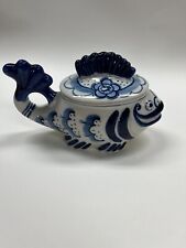 Vintage Hand Painted Blue White Ceramic Russian Ghzel Decorative Fish Teapot picture