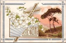 Vintage 1911 EASTER Embossed Greetings Postcard Gold Cross / Flowers / Trees picture