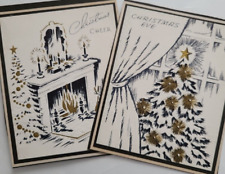 2 Vtg 1950s CHRISTMAS TREE & FIREPLACE Black & Gold Embossed Sample CARDS picture
