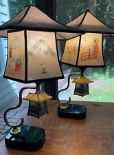 RARE Vintage Japanese Hand-Painted Pagoda Lampshades on Pagoda Lamps - Set of 2 picture