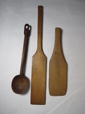 OLD ANTIQUE PRIMITIVE WOODEN HANDMADE LONG RARE CARVED SPOONS PADLE - LOT OF 3 picture