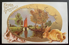 Vintage Victorian Postcard 1901-1910 Easter Greetings - Gold Egg with Bunnies picture