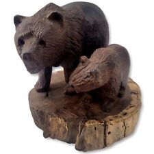 Bear & Baby Cub Figurine Statue w/ Base Wooden Hand Carved Rustic Cabin Decor picture