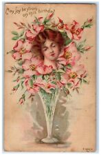 1907 Birthday Pretty Girl Pink Flowers Vase Yarmouth IA Shreveport LA Postcard picture
