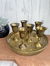 Vintage Indian Brass Cordial Set Of Six Mini Goblets With Tray Made In India picture