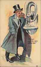 Drunk Old Man Comic Water Fountain Mistaken for Pay Phone c1910s Postcard picture