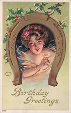 Beautiful Woman with Champagne Good Luck Horseshoe Birthday Julius Bien Postcard picture