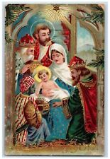 Christmas Postcard Religious Star Embossed Gel Gold Gilt c1910's Posted Antique picture