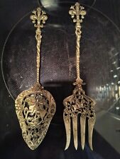 ANTIQUE 2 MONTAGNANI ITALY ORNATE BRASS SERVE SPOON FORK MERMAIDS KNIGHTS HORSES picture