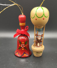 Vtg Russ Berrie & Co. Hand painted Wooden Christmas Ornaments Bell & Balloon picture