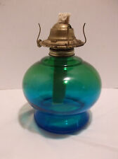 VINTAGE Oil Lamp - P&A RIDSOM DANBURY GREEN BLUE GLASS Oil/Kerosene Lamp  7-1/2